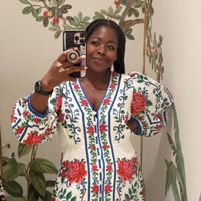 stephanie yeboah tries on a patterned farm rio dress
