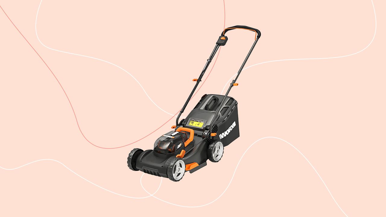 WORX WG743E lawnmower graphic with peach background