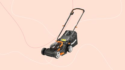 WORX WG743E lawnmower graphic with blue background