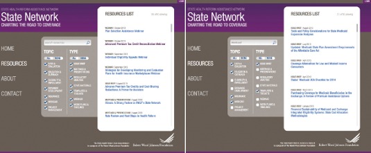 Ensure your site provides instant feedback to user actions. The State Health Reform System Assistance Network immediately filters lists of options using its search engine