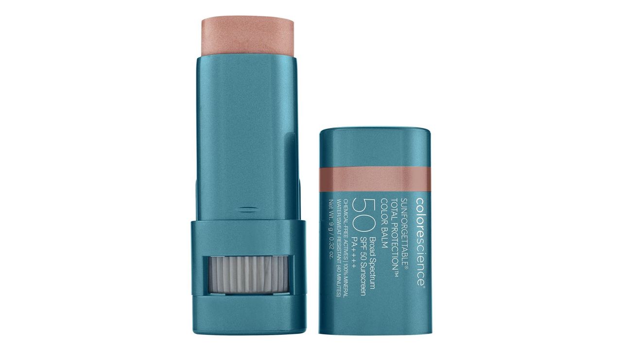 Colorescience Sunforgettable SPF 50 Lip Balm in a blue bottle for the best SPF lip balm.