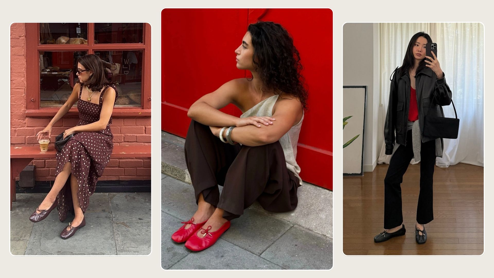 Woman wears polka dot dress and brown ballet flats; woman wears cream top, black trousers and red Alohas Rosalind flats; woman wears leather jacket, red top, black trousers and black ballet flats