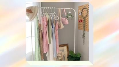 A pastel swirly background with a springtime clothing rack