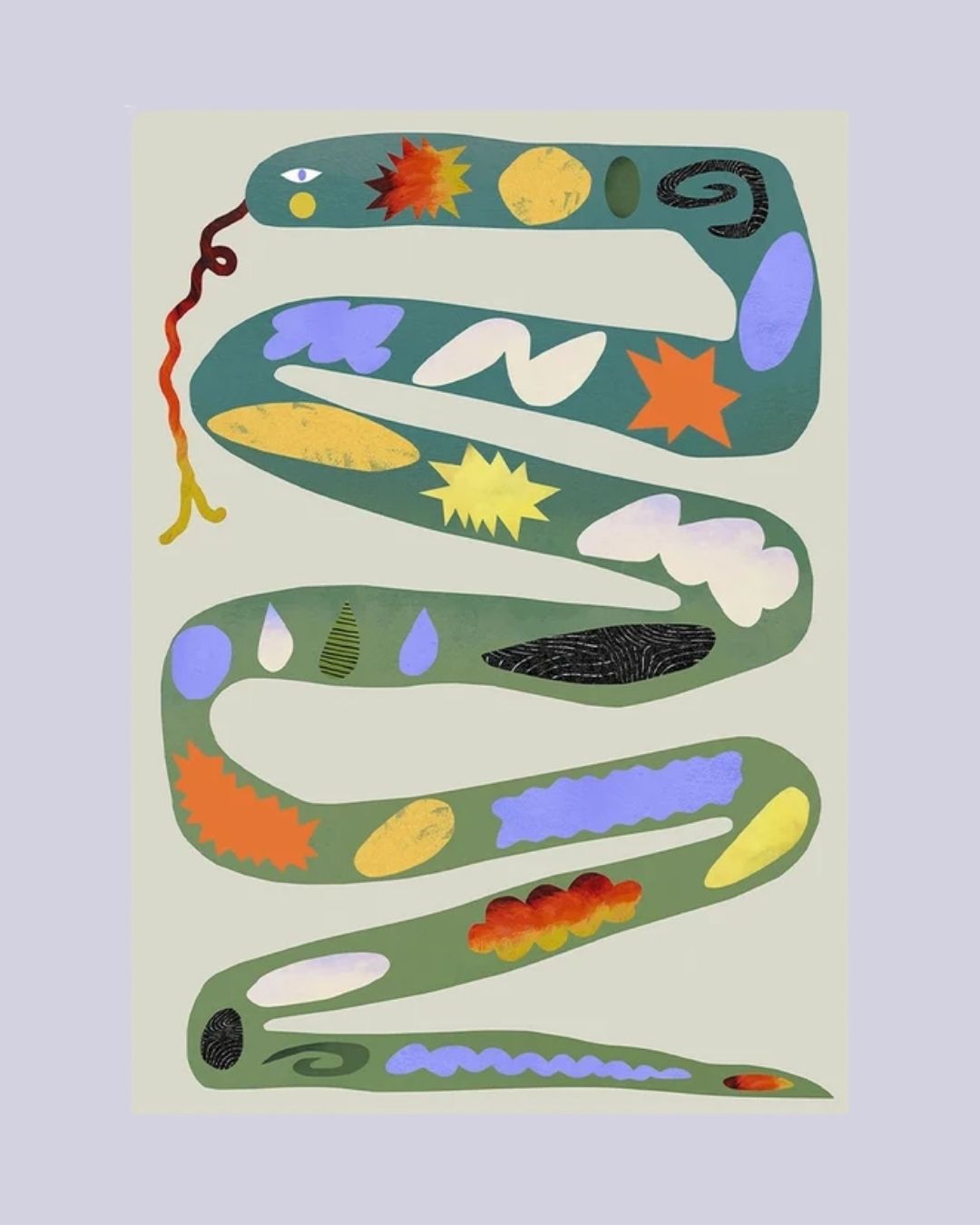 Green Snake Print against pale lilac background.