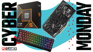 An AMD CPU, an Intel GPU, and a Gamakay x NaughShark keyboard float in the funky Cyber Monday void.