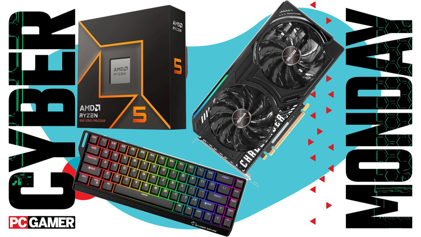 An AMD CPU, an Intel GPU, and a Gamakay x NaughShark keyboard float in the funky Cyber Monday void.
