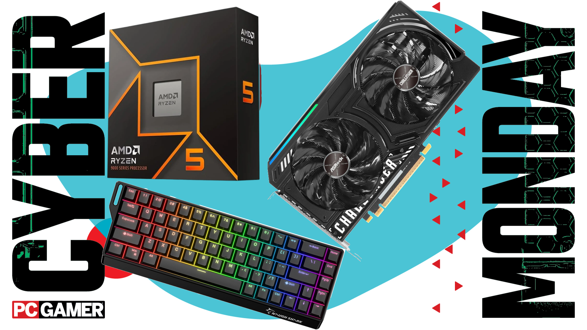 An AMD CPU, an Intel GPU, and a Gamakay x NaughShark keyboard float in the funky Cyber Monday void.