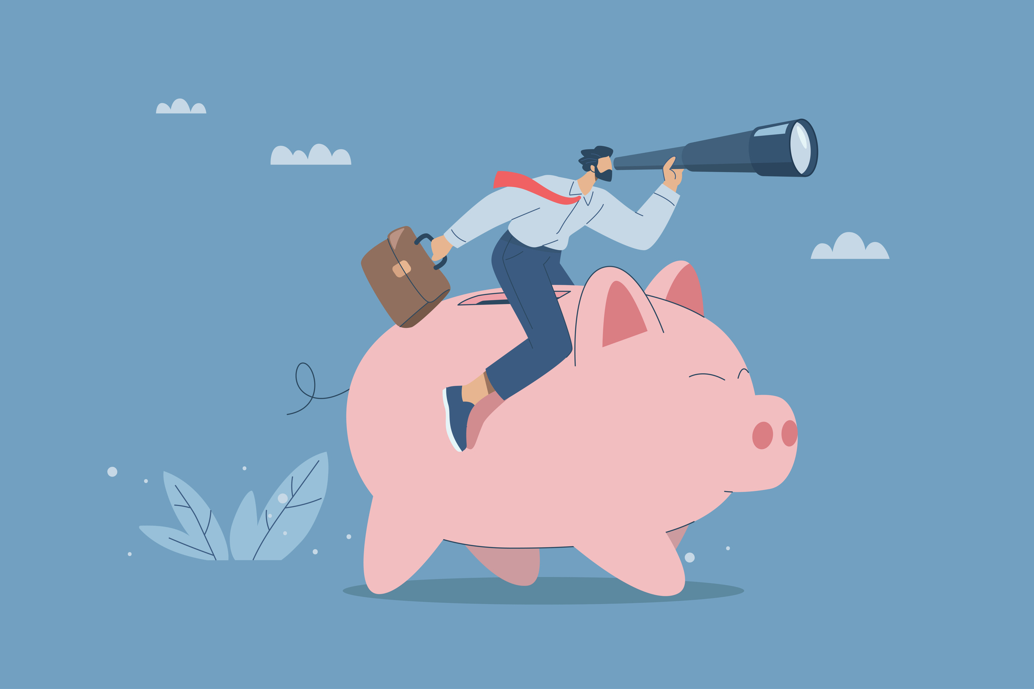 a man riding a piggy bank as he explores the horizon