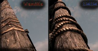 Best Skyrim mods — a screenshot showing the added depth and detail on a wooden column provided by the Static Mesh Improvements mod