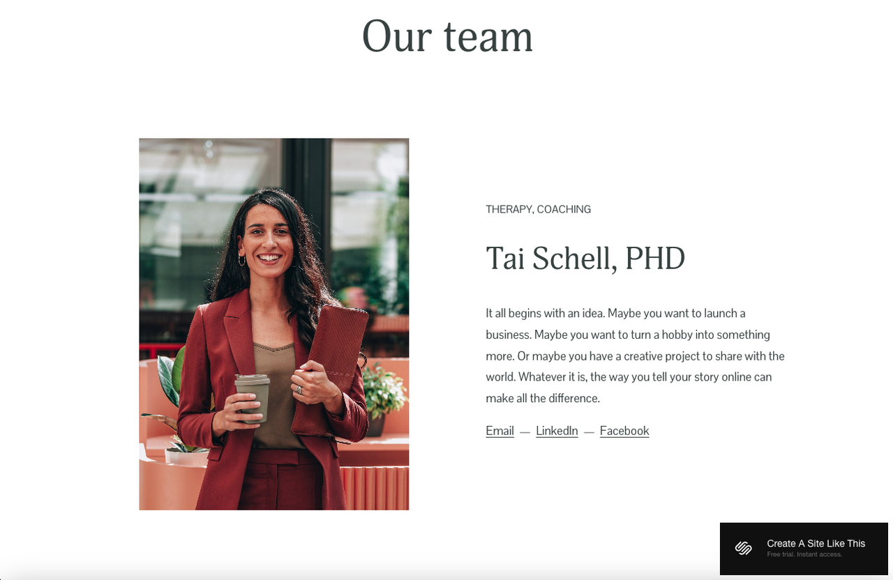 screenshot of Squarespace teamplate