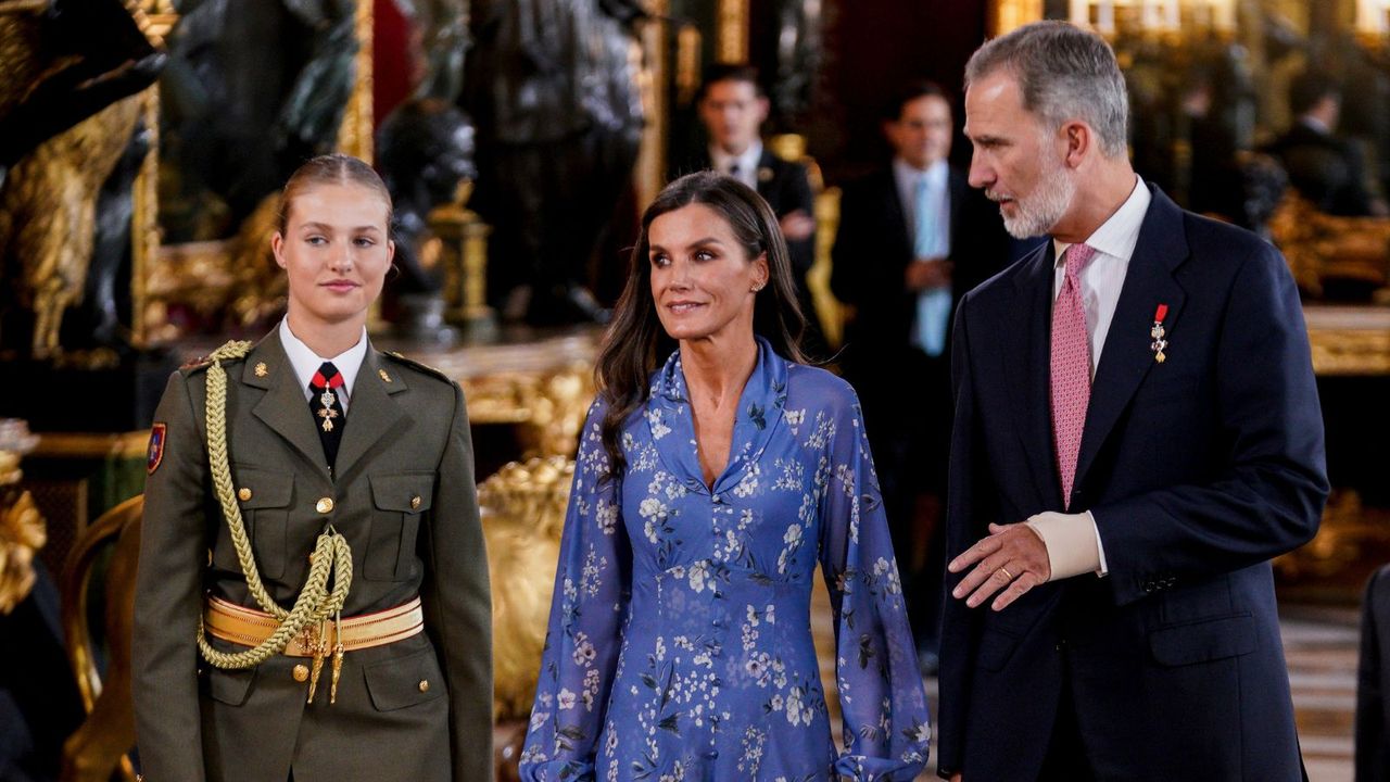 Queen Letizia&#039;s blue floral dress was the perfect feminine look as Her Majesty joined her husband and daughter for an engagement in Madrid