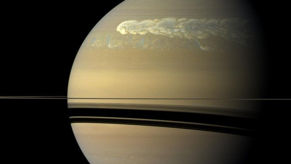 A closeup of the 2010 megastorm that formed in Saturn&#039;s northern hemisphere, wrapping around the entire planet