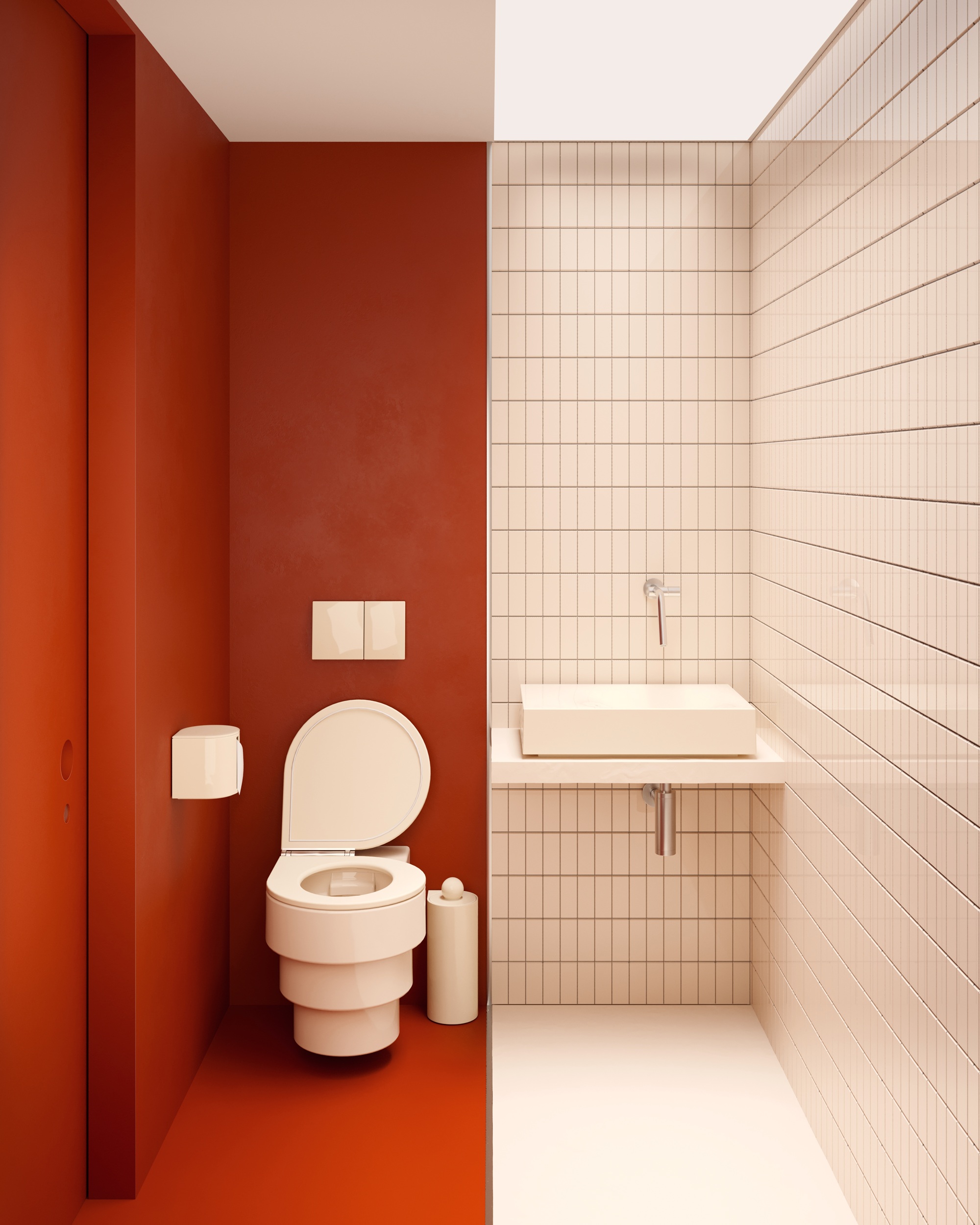 a white and terracotta bathroom with a decorative toilet design