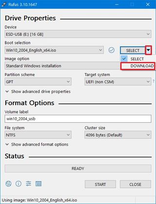 Rufus download Windows 10 ISO option