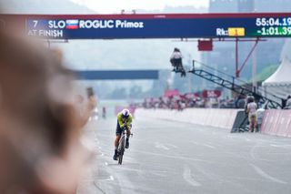 Primož Roglič winning gold in the men's individual time trial for Slovenia