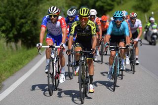 Esteban Chaves (Mitchelton-Scott) leads the breakaway over the Passo di San Boldo (701m)/ Peloton / Landscape / Fans / Public / Tunnel / during the 102nd Giro d'Italia, Stage 19