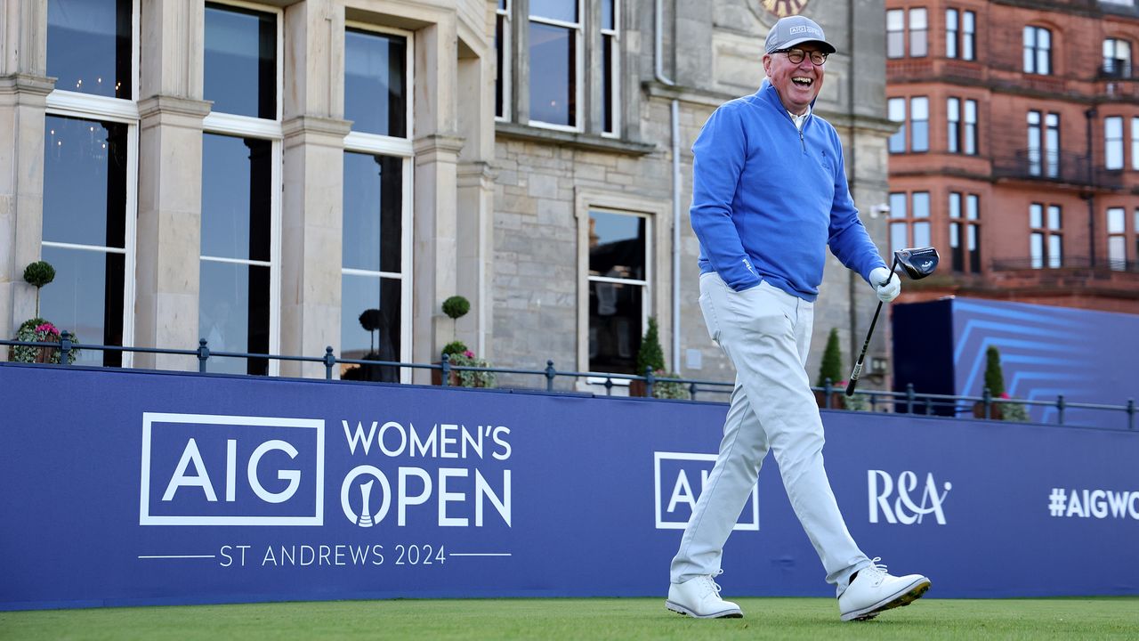 R&amp;A CEO Martin Slumbers walks in front of the Old Course clubhouse at St Andrews ahead of the 2024 AIG Women&#039;s Open