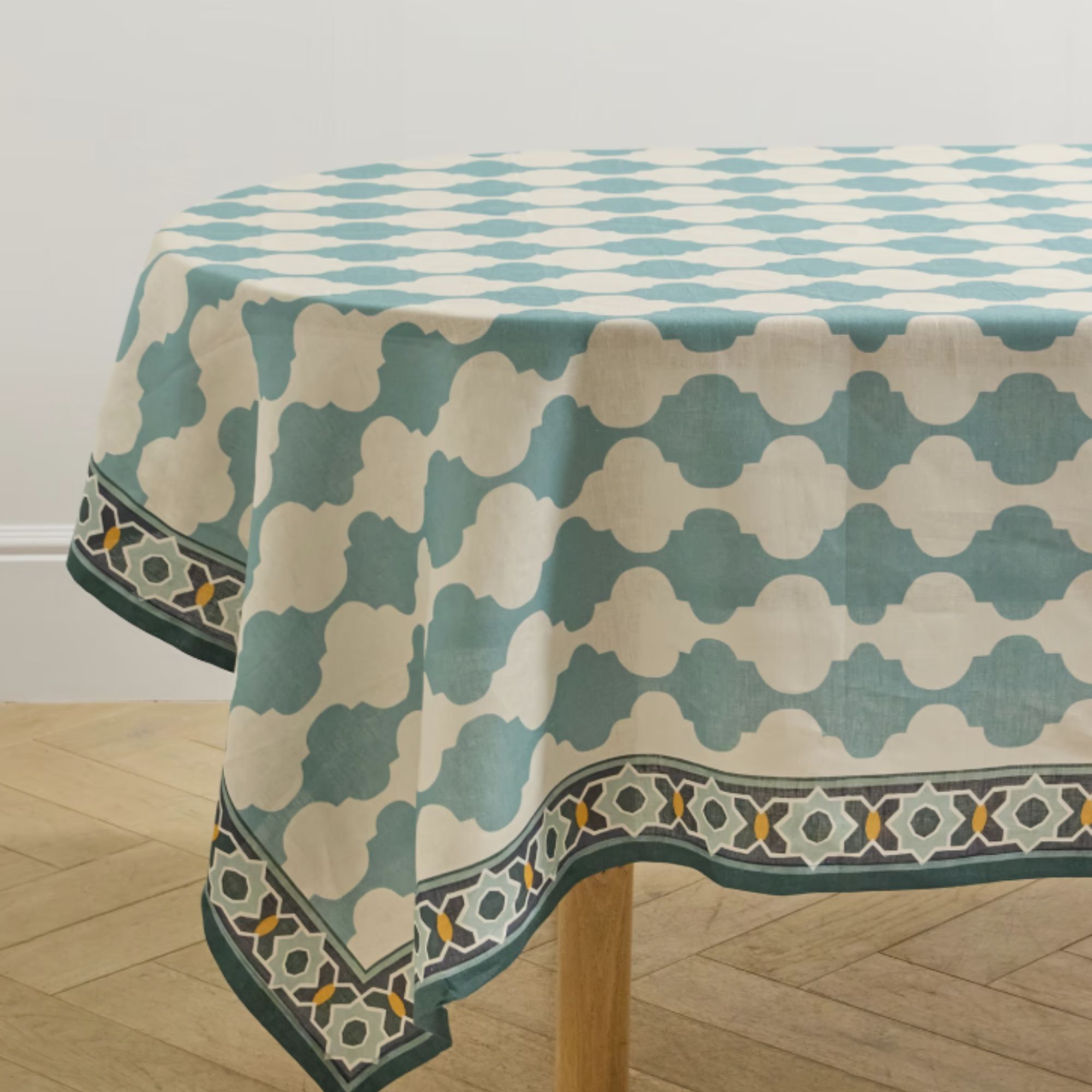 blue and white block print tablecloth