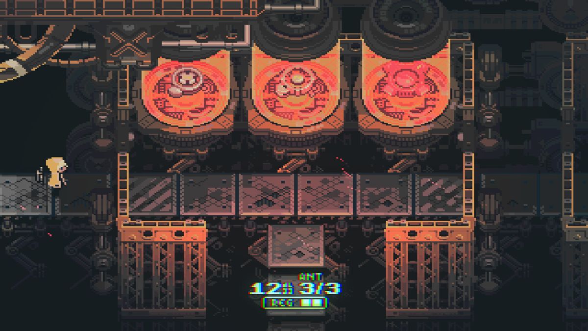 Radio the Universe gameplay hallway lined with reddish tanks