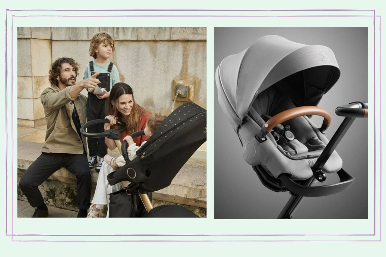 An image of a smiling family group sitting beside the Stokke Xplory X pram, alongside an image of the pram