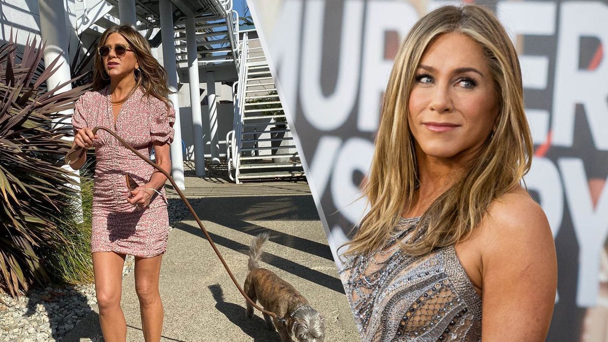 a photo of Jennifer Aniston walking her dog, and Jennifer Aniston on the red carpet 