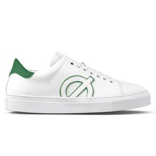 cut out image of white loci trainers with green detailing