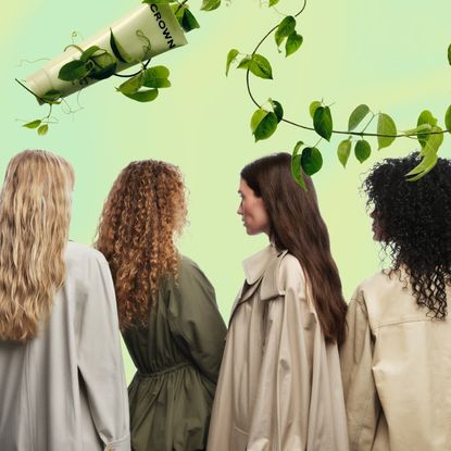 four women with trench coats and air-dryed hair on a green background facing away from the camera