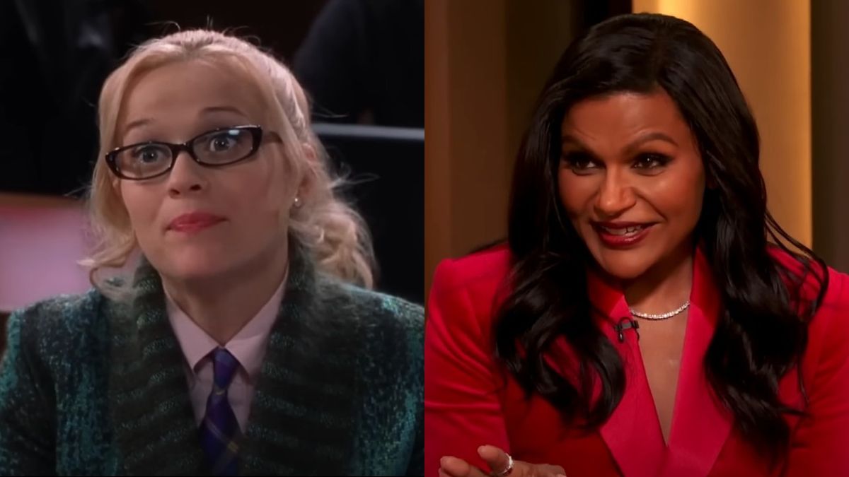 From left to right: Reese Witherspoon as Elle Woods in her first law class in Legally Blonde and Mindy Kaling on The Drew Barrymore Show.