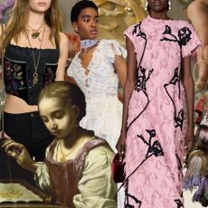 a collage of embroidery images from fashion shows and history