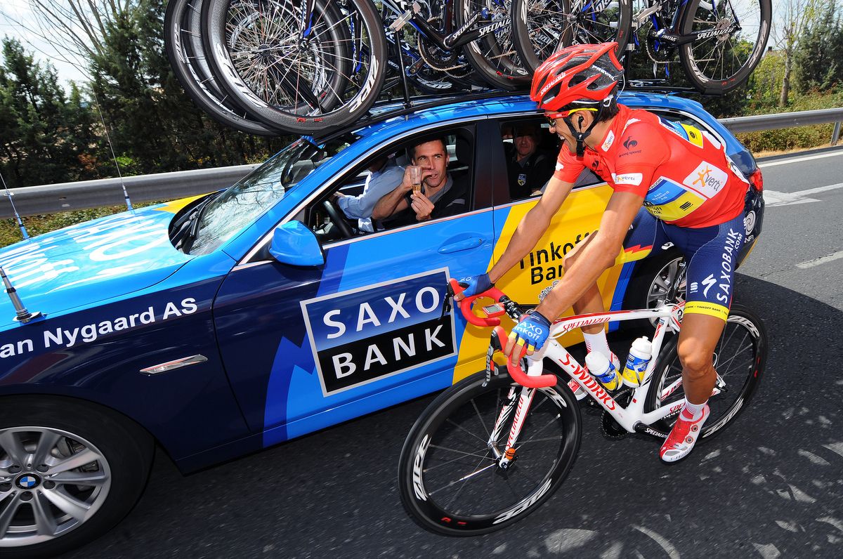 Brad McGee celebrating Alberto Contador's 2012 Vuelta win with Tinkoff