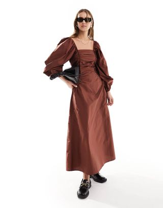 Asos Design Poplin Square Neck Midi Dress With Nipped Waist in Chocolate