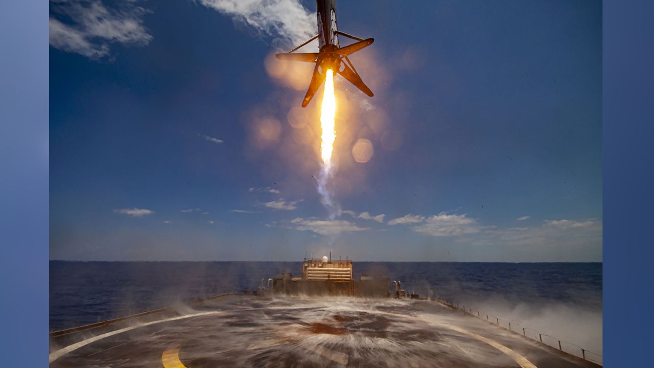 A SpaceX Falcon 9 rocket comes in for a stunning landing on a drone ship after launching the GPS III SV05 satellite for the U.S. Space Force on June 17, 2021.