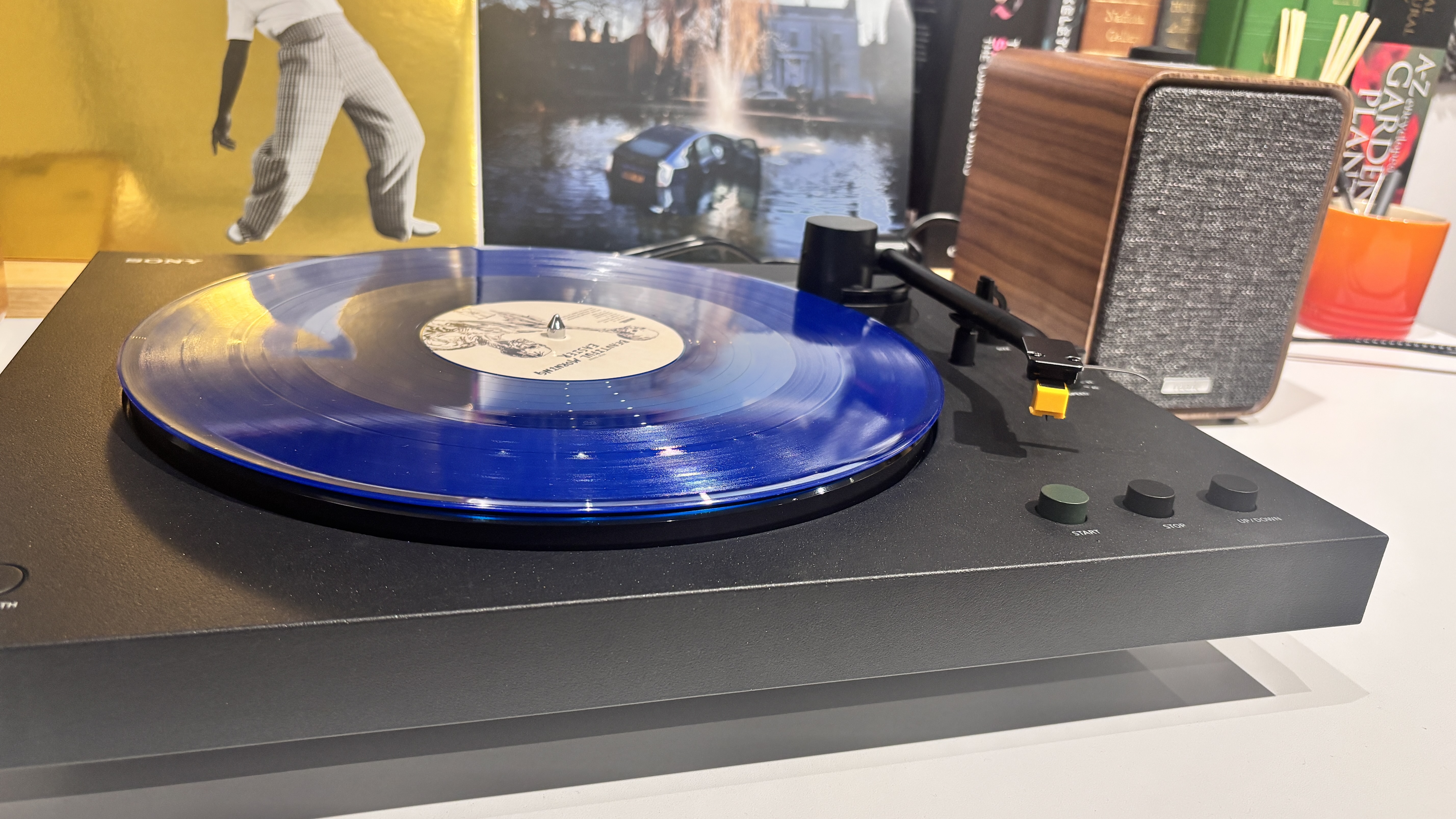 Sony PS-LX5BT Bluetooth turntable with a Ruark MR1 Mk3 speaker and vinyl records