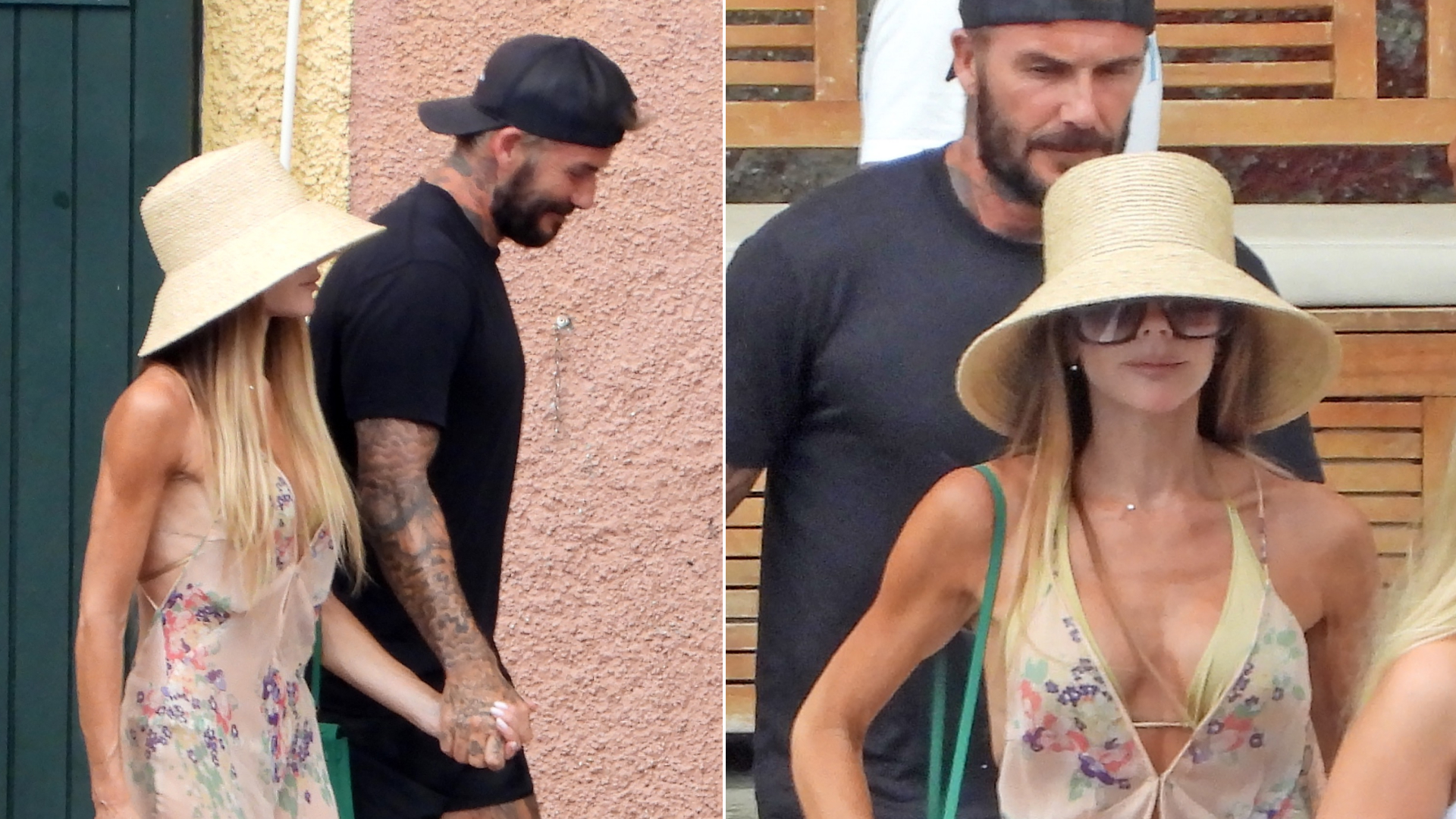 Victoria Beckham wears a sheer naked vacation dress paired with a massive hat and a green Hermes Kelly bag