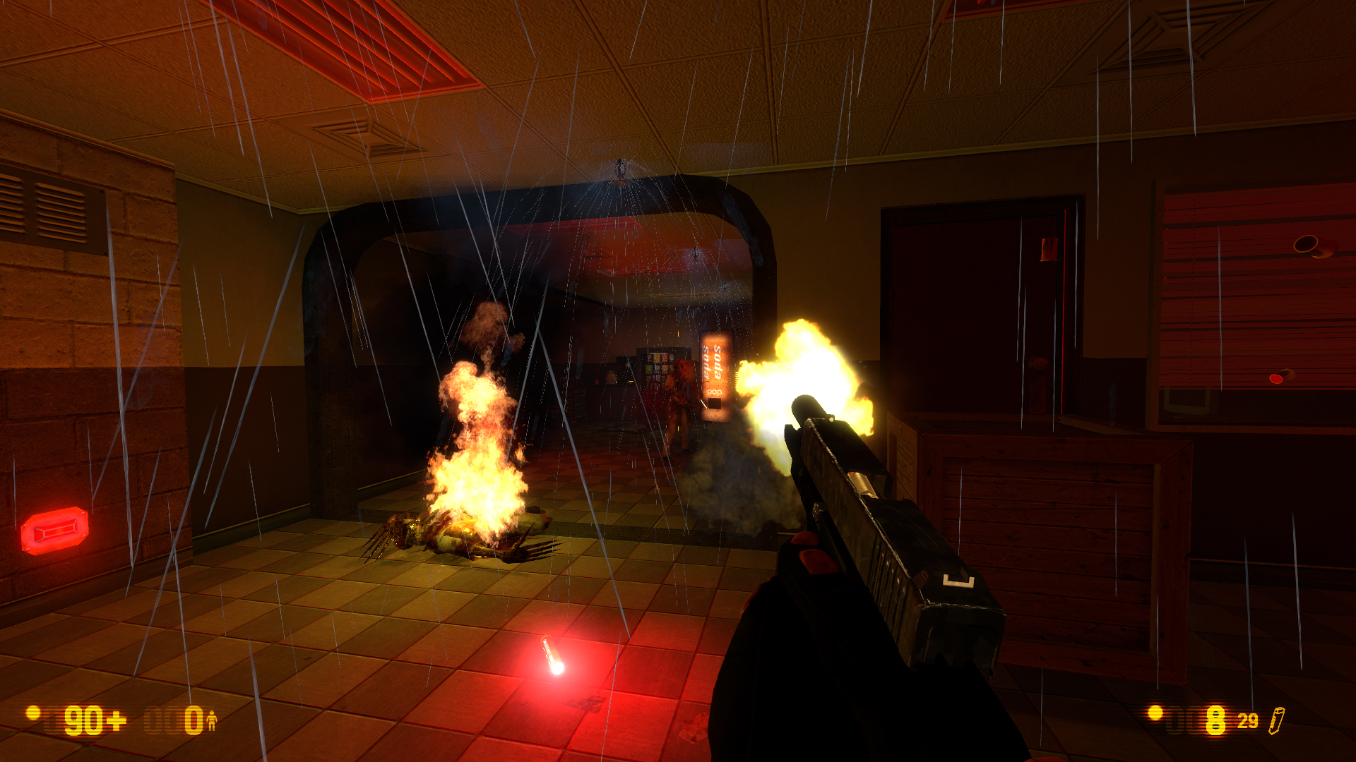 The player character fires a shot from a pistol as an enemy burst into flames in FPS, Black Mesa