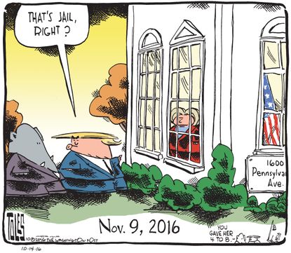 Political cartoon U.S. 2016 election Donald Trump Hillary Clinton jail