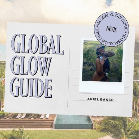 digital postcard with lavender text saying "global glow guide" on a tropical island background