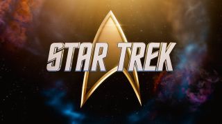 The Starfleet emblem behind the Star Trek title font