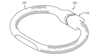 An image within a granted Apple USPTO patent showing a carabiner-style charging accessory for AirPods