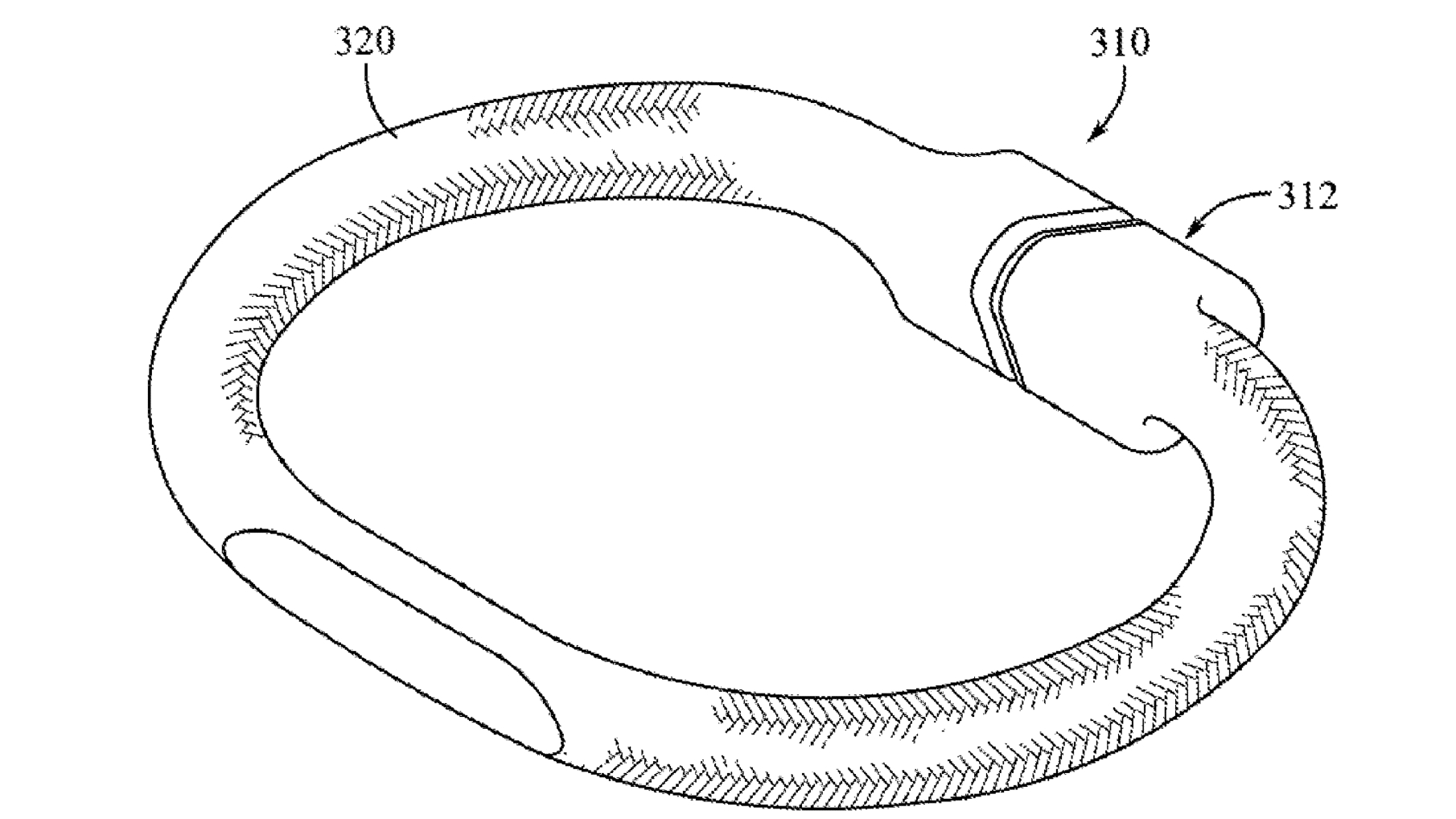 An image within a granted Apple USPTO patent showing a carabiner-style charging accessory for AirPods