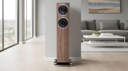 Fyne Audio F500SP floorstanding speaker in a living room