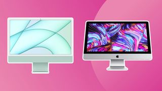 Best iMac prices: an iage of an iMac 2021 and an older iMac on a pink background