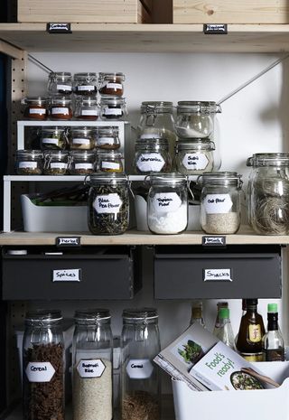 IKEA pantry storage idea with labelled jars