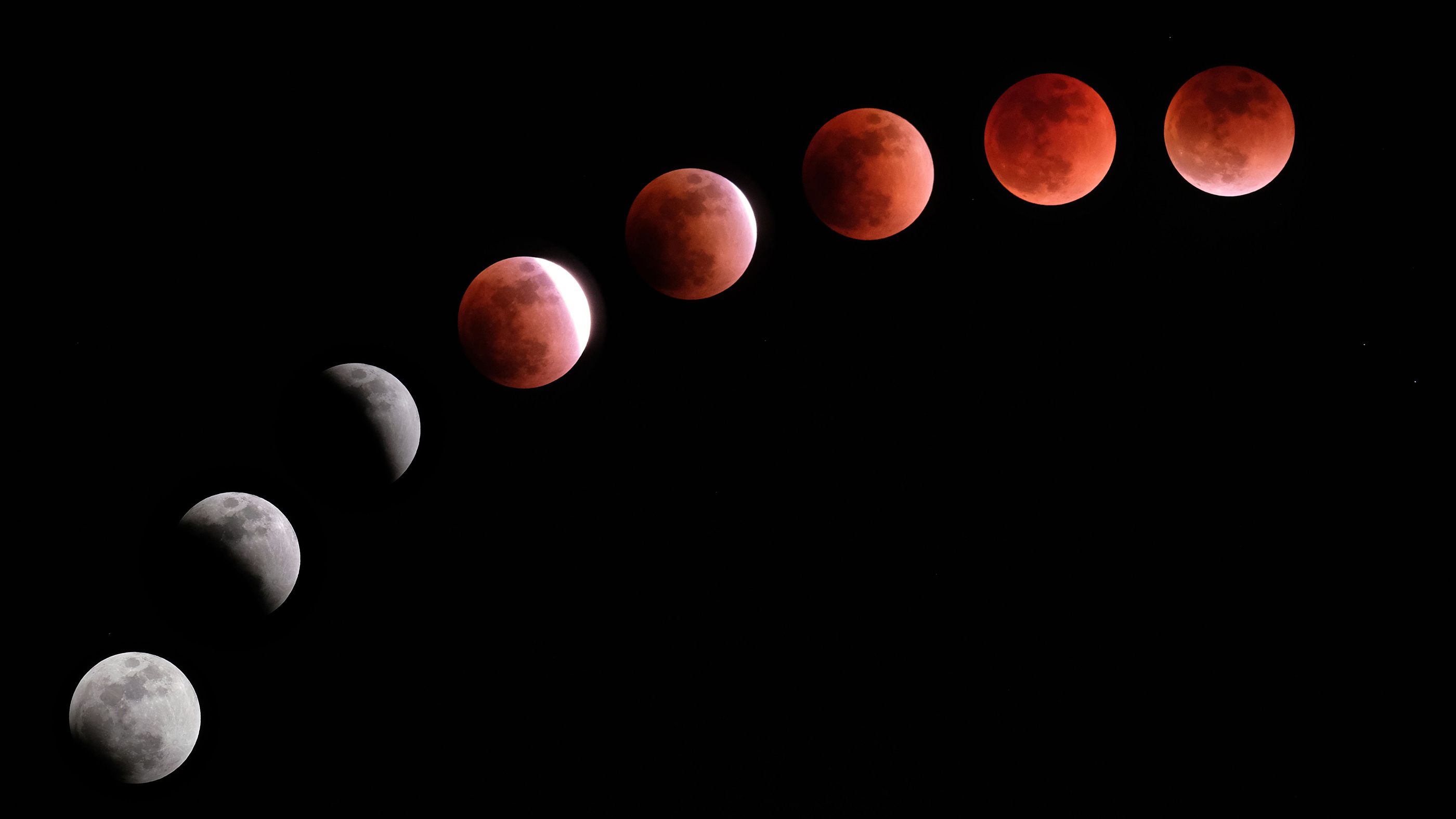 This composite image shows the moon during a lunar eclipse in Tokyo on January 31, 2018. The large crimson moon was visible from many corners of the globe.
