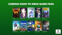 Upcoming games on Xbox Game Pass displayed on a green background, featuring titles like Gears of War and Tony Hawk’s Pro Skater 2, each with vibrant cover art, indicating availability on various platforms such as PC, console, and cloud, evoking excitement and anticipation.