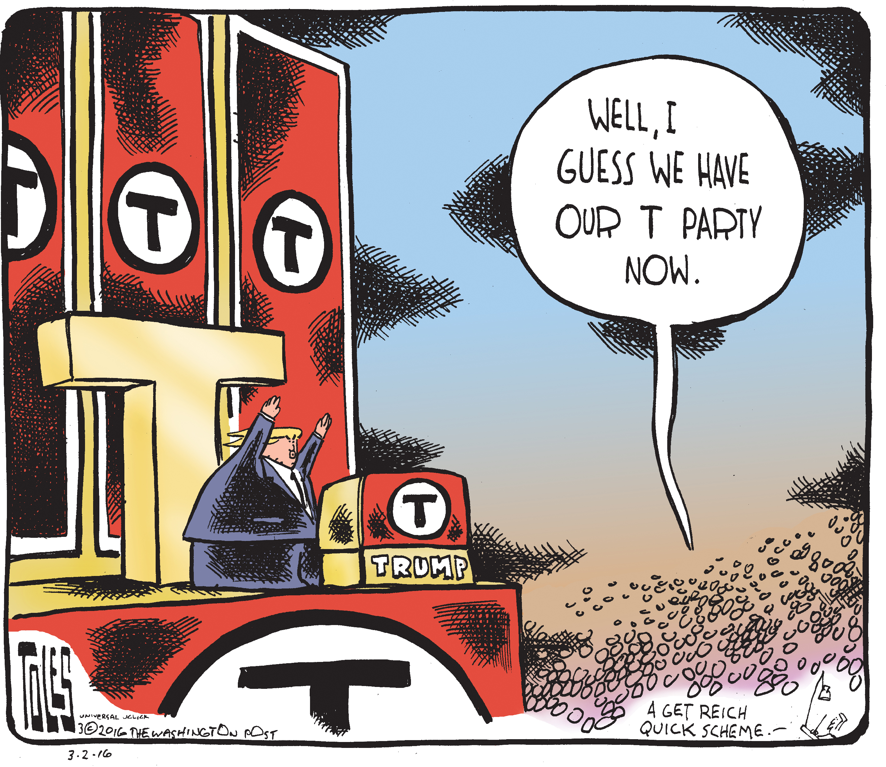 Political Cartoon U.S. Trump Tea Party