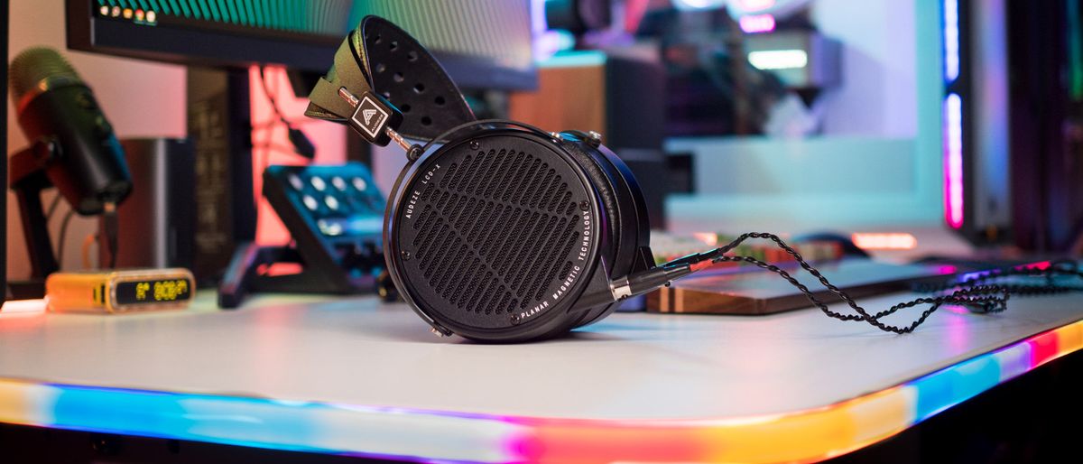 Audeze LCD-X side view on a table with RGB lighting