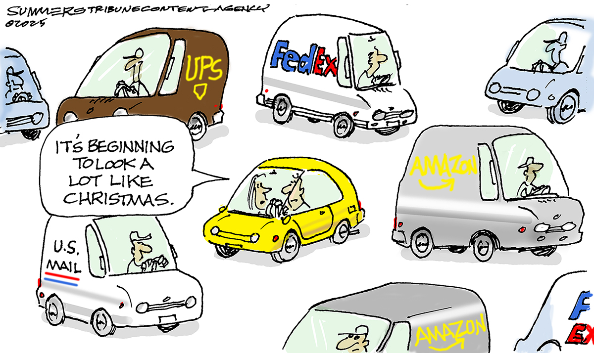 A man and a woman are in a small car, surrounded on all sides by delivery trucks from UPS, FedEX, the U.S. Mail, and Amazon. The woman says, &amp;ldquo;It&amp;rsquo;s beginning to look a lot like Christmas.&amp;rdquo;