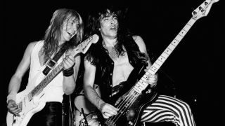 Dave Murray (left) and Steve Harris onstage in the 1980s