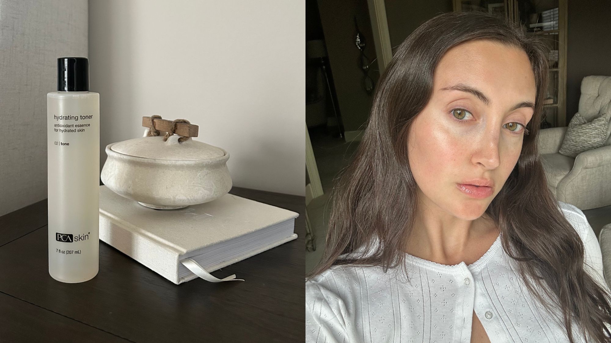 A split image of the PCA Skin Hydrating Toner on Alyssa Brascia&#039;s nightstand and Alyssa after one week of testing the toner.